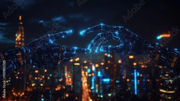 Fototapeta Futuristic robotic hands reaching, city background.