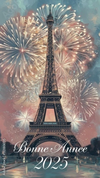 Fototapeta Celebrating New Year 2025 with fireworks illuminating the Eiffel Tower at night in Paris, France