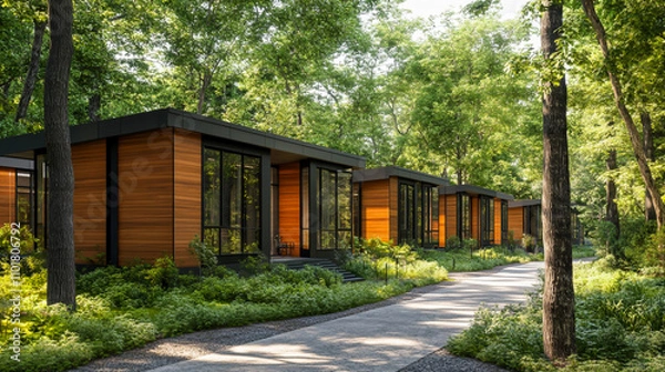 Fototapeta A row of modern, sustainable housing buildings with wooden cladding and dark grey metal facades, surrounded by green trees in the landscape design.
