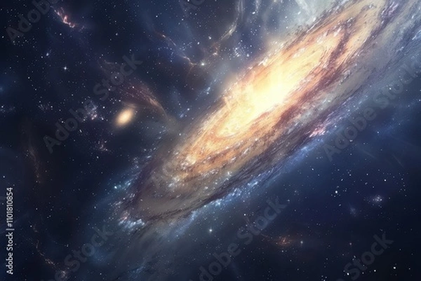 Fototapeta Glowing spiral galaxy with bright center and dust in deep space.