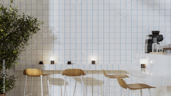 Fototapeta Minimalist cafe interior with wooden stools and white with blue tiled walls, bar counter with coffee machine , 3d render