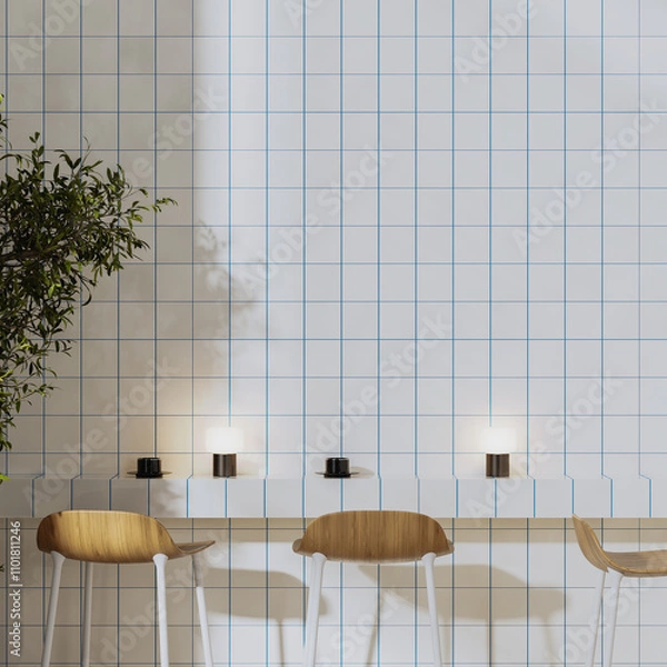 Fototapeta Minimalist cafe interior with wooden stools and white with blue tiled walls, 3d render