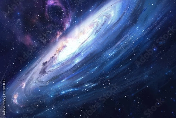 Fototapeta Glowing spiral galaxy with bright center and dust formations in deep space.