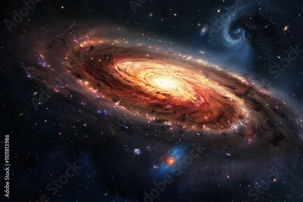 Fototapeta Glowing spiral galaxy with bright center and dark dust lanes in deep space.