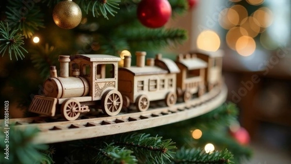Fototapeta Wooden railway with a train around a Christmas tree, with bokeh and snow. Christmas card.