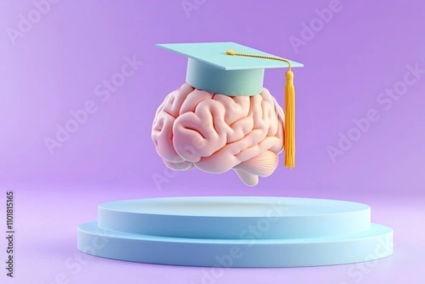 Fototapeta 3D icon of a brain with a graduation hat on a podium, pastel color palette, minimalistic style, simple shapes