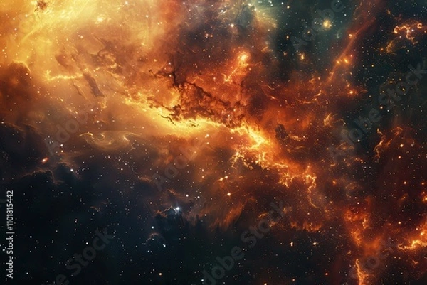Fototapeta Glowing orange and yellow nebula with bright stars in deep space