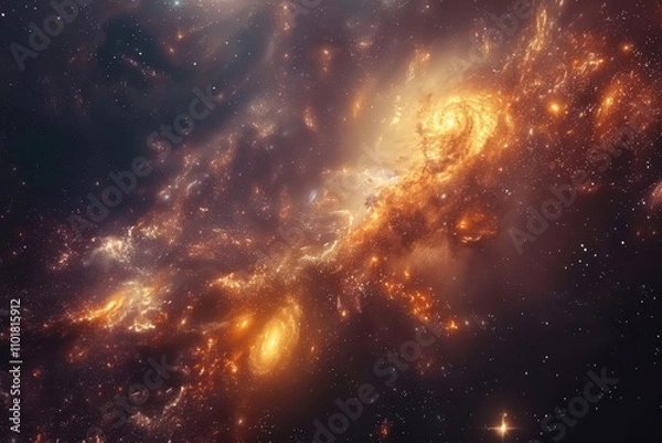 Fototapeta Glowing orange and yellow nebula and galaxies in deep space.