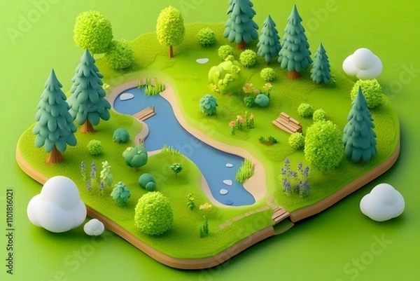 Obraz A top-down view of an isometric cartoon forest map with rivers and trees, simple flat design