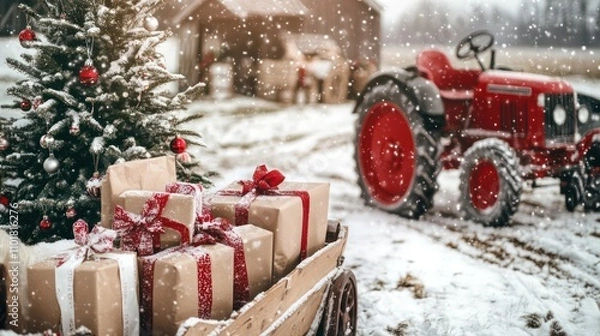 Fototapeta Wooden Cart Filled with Christmas Gifts and Red Tractor in Snowy Farmyard Next to Decorated Christmas Tree. Winter Holiday Scene