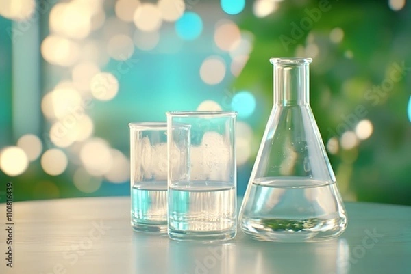 Obraz Blur background, close-up of glass beakers filled with clear liquid and one short conical flask