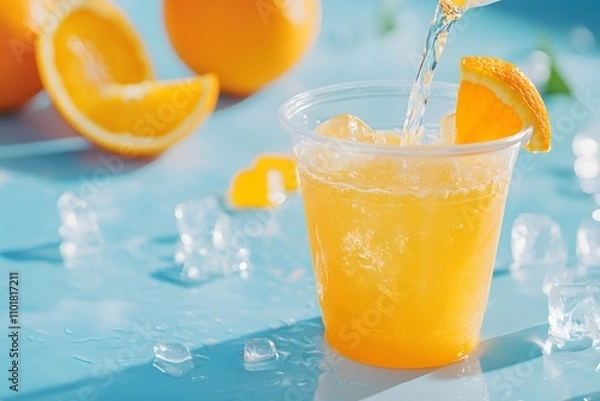 Obraz Energetic orange juice with ice cubes being poured into a plastic cup