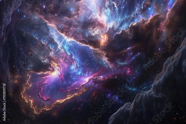 Fototapeta Colorful and vibrant nebula with bright shining stars in deep outer space