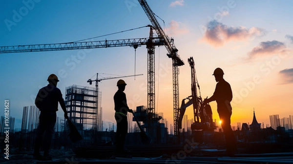 Fototapeta excavators digging at a construction site at sunset, with machine lines against the colorful sky, from a low angle to emphasize the scale and progress of the industry.