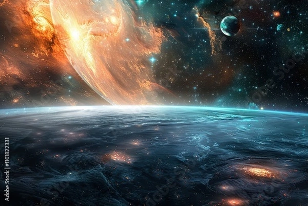 Fototapeta Breathtaking view of a distant planet with a fiery atmosphere and a starry night sky.