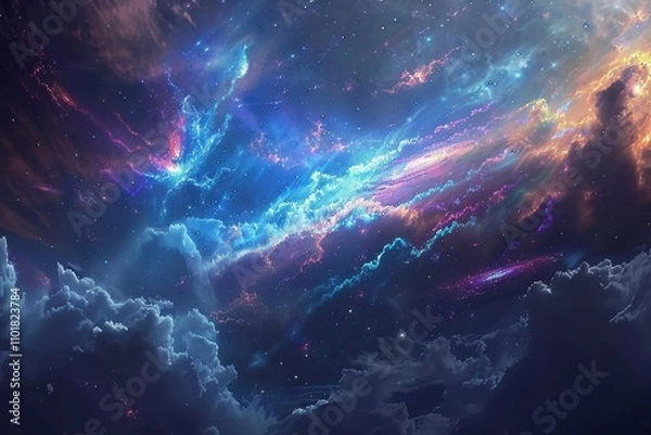 Fototapeta Colorful and vibrant space clouds with bright stars in the background