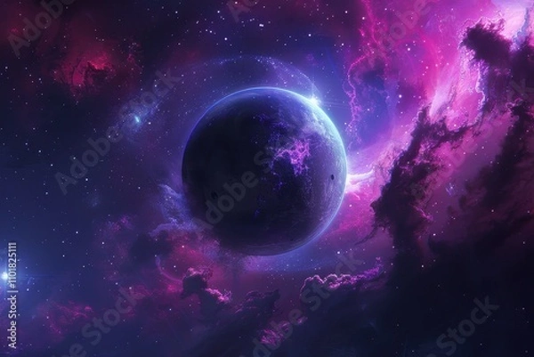 Fototapeta Glowing Purple Nebula and Distant Planet