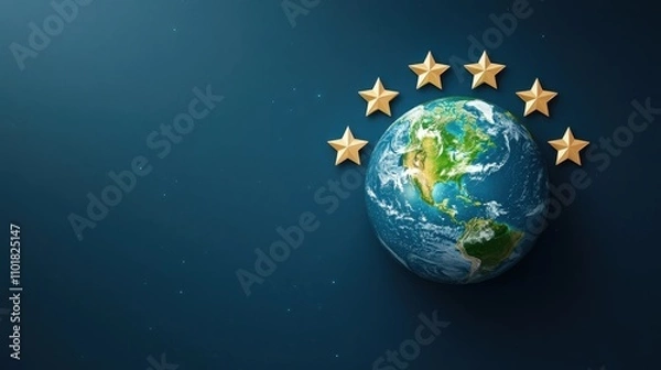 Fototapeta Planet Earth surrounded by golden stars, set against a dark cosmic background, symbolizing global achievement and excellence.