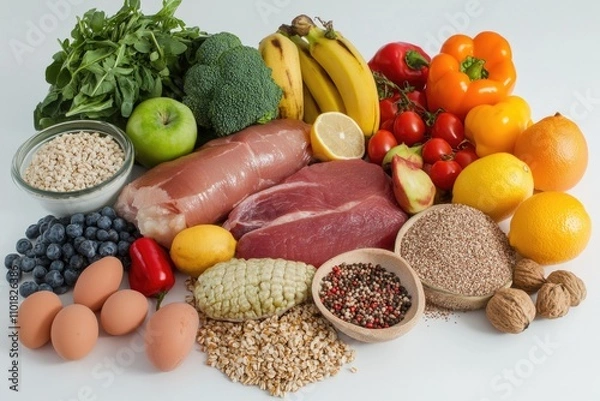 Fototapeta A colorful display of various foods including fruits, vegetables, nuts, eggs, and meat
