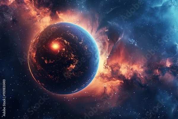 Fototapeta Glowing Blue Planet in Vibrant Nebula with Glowing Red Gas Clouds