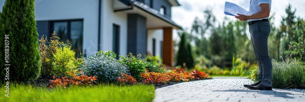 Obraz worker reviews blueprint outside modern, energy efficient home surrounded by lush garden and paved walkway, showcasing sustainable architecture and landscaping