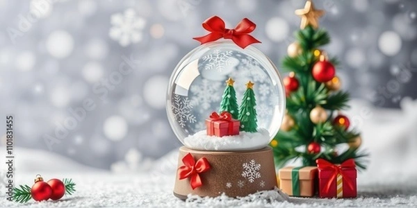 Obraz Snow globe featuring a miniature Christmas tree surrounded by swirling snow, traditional, shiny