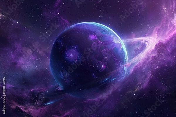 Fototapeta Glowing Purple Planet With Ring In Nebula