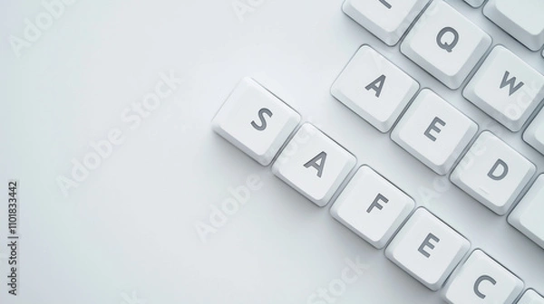 Obraz Close-up of white keyboard keys forming the word "SAFE," symbolizing online security, internet safety, and data protection concepts. Generative AI