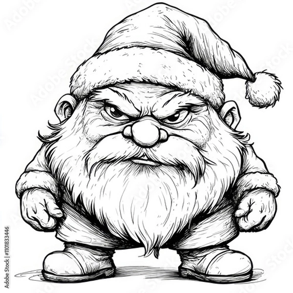Fototapeta A detailed black and white drawing of a grumpy dwarf with a Santa hat, featuring a bushy beard and expressive facial features, ideal for Christmas cards or comics.