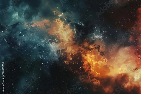 Fototapeta Glowing orange and blue gases and dust form an abstract painting in space.