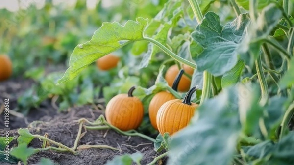 Fototapeta Pumpkin in farmland in Fall. Seasonal theme for greeting card background.