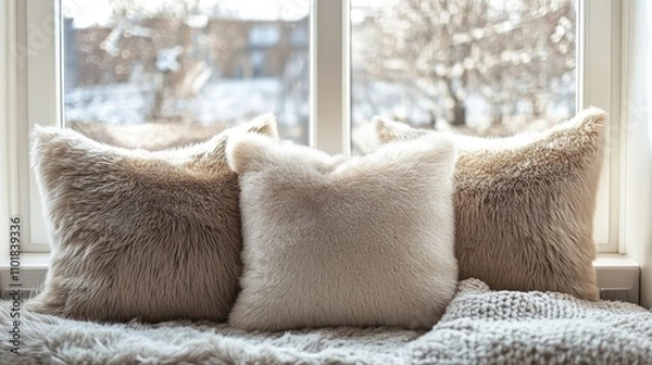 Fototapeta Cozy photo scene with fluffy pillows and shiny soft fur on blank mock ups by windows, creating a warm and inviting atmosphere perfect for relaxation and comfort.