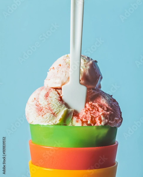 Fototapeta Colorful Ice Cream Scoops In Stacked Cups With A Spoon. Three scoops of strawberry ice cream in stacked bowls are topped with a small spoon.