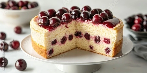 Fototapeta A homemade sponge cake filled with cherries, featuring delicious cherry filling inside the light and fluffy sponge cake. This is a cherry filled sponge cake made from scratch.