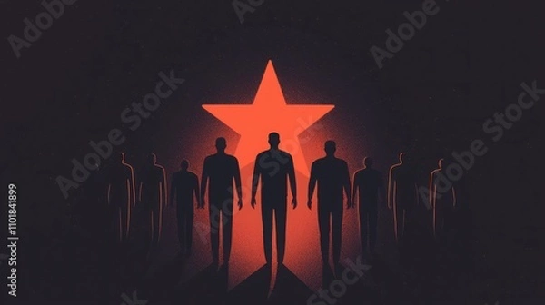Fototapeta A shadowy group of figures stands in front of a large red star, creating a dramatic and mysterious atmosphere.