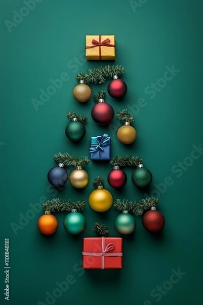 Fototapeta festive christmas tree created using colorful baubles and gift box, against a deep emerald background. 