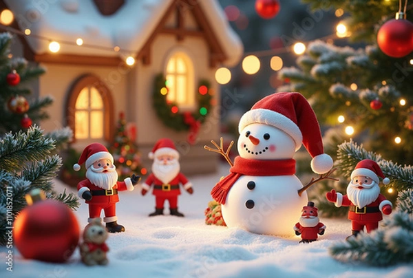 Fototapeta Cheerful Santa and Snowman Figures with Holiday Decor