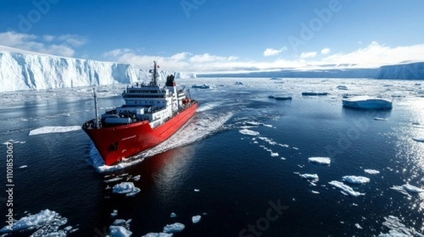 Fototapeta Icebreaker approaching a remote research station surrounded by icebergs