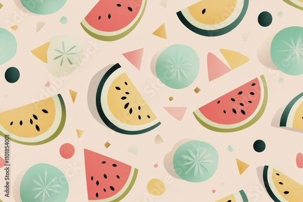 Fototapeta Colorful paper decorations featuring watermelon shapes in a playful arrangement on a light backdrop