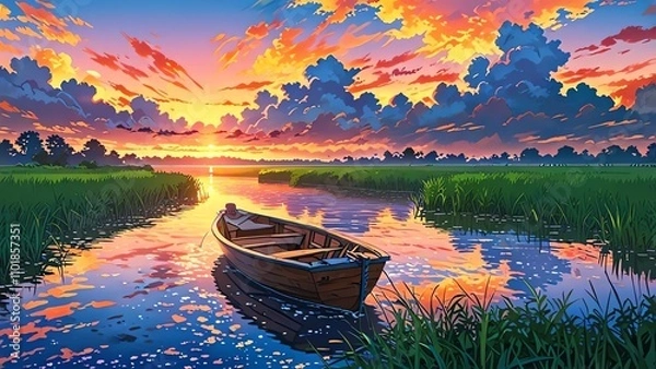Fototapeta Anime illustration of a tranquil river at sunset, featuring a boat surrounded by lush greenery—ideal for use as a serene background