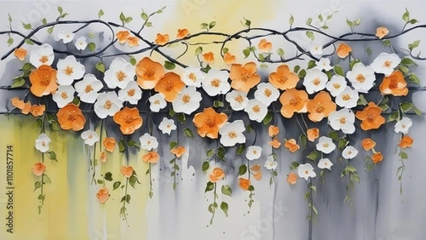 Fototapeta Vibrant floral mural featuring an elegant arrangement of white and orange flowers against a soft yellow and gray background, perfect for adding a touch of nature-inspired beauty to any space