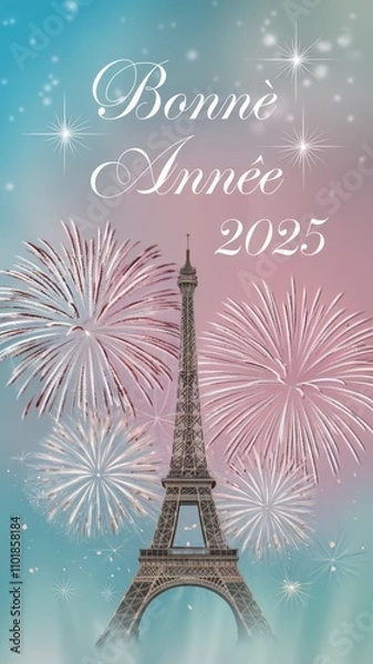 Fototapeta Fireworks illuminate the Eiffel Tower in celebration of New Year 2025 with vibrant colors over Paris skyline