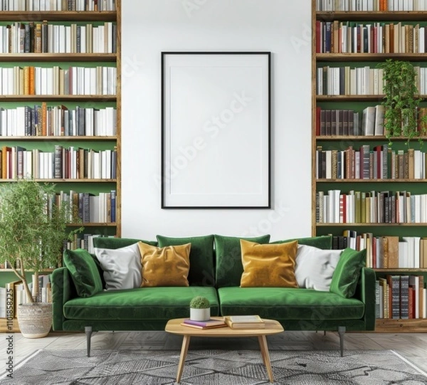 Fototapeta A green velvet sectional sofa sits in front of a large blank canvas in a modern living room with bookshelves. a coffee table. and plants