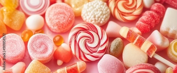 Fototapeta A vibrant collection of candies, including lollipops, gummy bears, and hard candies, covers a pink surface, creating a delightful and eye-catching treat display