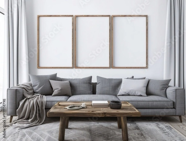 Fototapeta Minimalist living room interior with a grey sofa. three empty picture frames. a wooden coffee table. and a plant