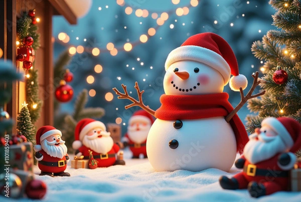 Fototapeta Cheerful Santa and Snowman Figures with Holiday Decor