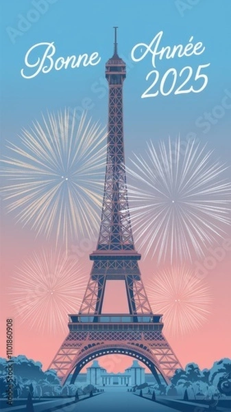 Fototapeta Celebrating New Year 2025 with fireworks above the Eiffel Tower in Paris