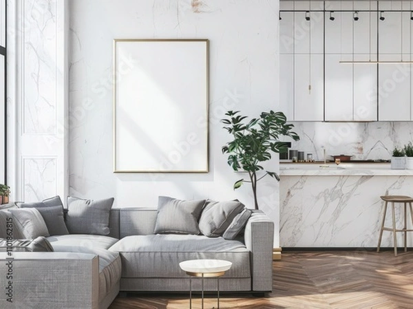 Fototapeta Modern living room interior with a grey sofa. a coffee table. a potted plant. and a kitchen counter in the background