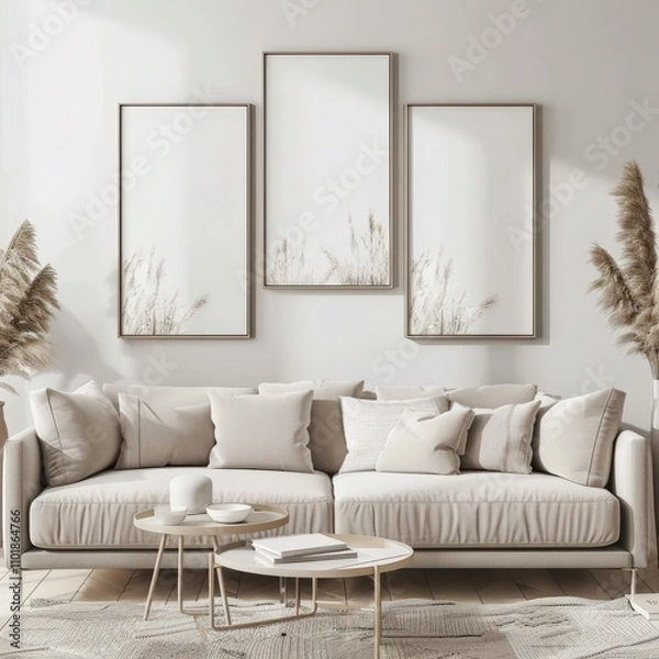 Obraz Minimalist living room interior with a beige sectional sofa. three empty frames. a coffee table. and a throw blanket