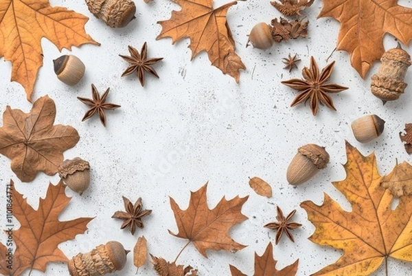 Fototapeta A fall yellow leaf frame on a stone surface on an autumn background. Thanksgiving day. The season is in full swing. Copy space included.